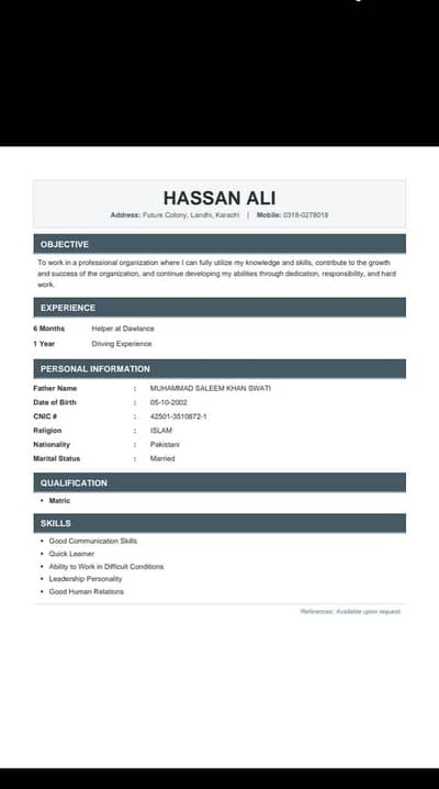 driver job need to Karachi