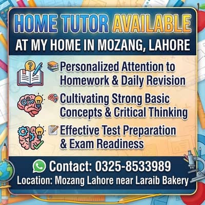 Home Tutor Available in Mozang Lahore Nursery to Class 10