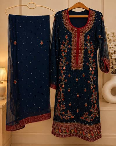 Formal wedding wear embroided Shirt, with dupatta and straight trouser