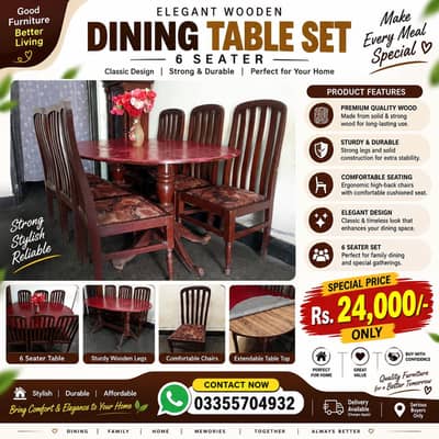6 Seater Wooden Dining Table Set – 6 Chairs | Good Condition