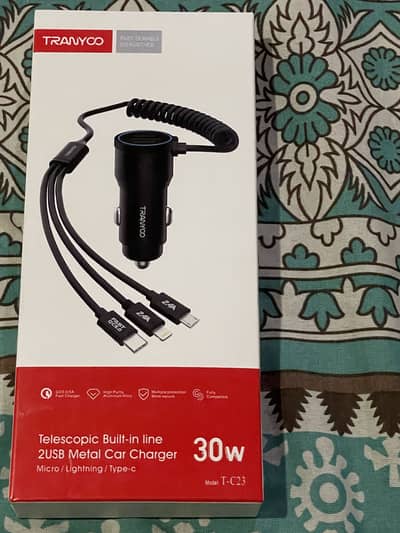 Tranyoo 30W Telescopic 2-USB Metal Car Charger with 3-in-1 Cable T-C23