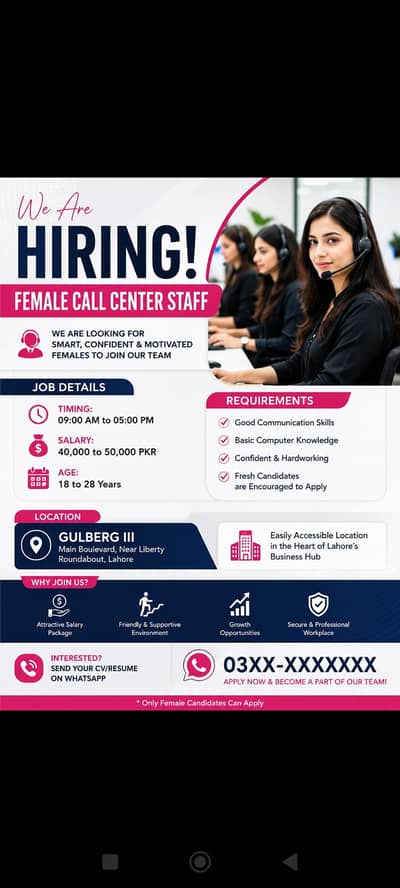  WE ARE HIRING — FEMALE CALL CENTER STAFF