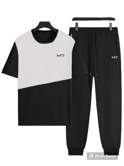 Men Black White Track Suit 2Pc Polyester Warm Weather