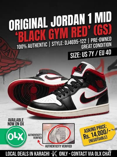 Original Nike Air Jordan 1 Mid - Size 40 (US 7Y) - Black Gym Red