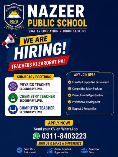 Secondary Teachers Required – Physics | Chemistry | Math | Computer