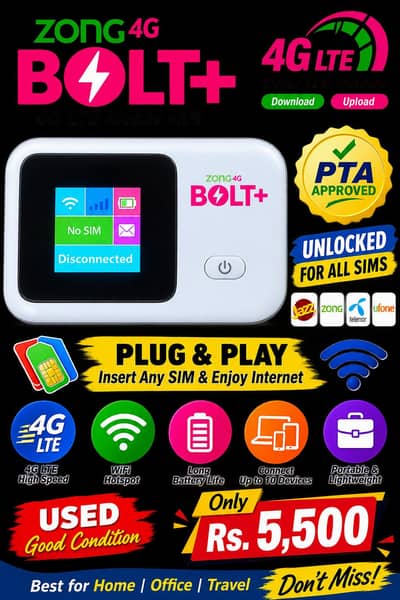 Zong Bolt+ 4G WiFi Device – PTA Approved – Unlocked – Rs. 5,500
