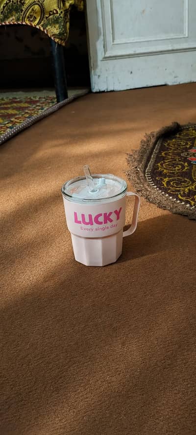pink luckycofee mug with lid and straw  new condition