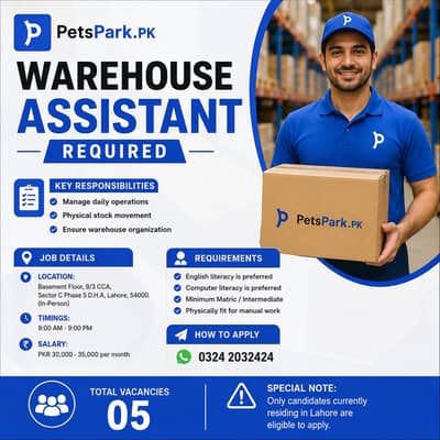 Warehouse Assistant Required | Male Staff Hiring | Male Jobs | Jobs