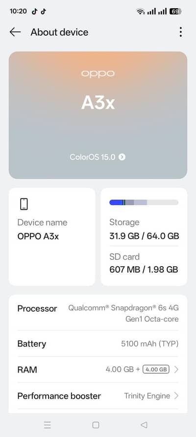 OPPO A3x 4GB 64GB PTA Approved Box Charger