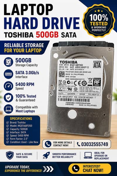 Toshiba 500GB SATA Laptop Hard Drive – 5400 RPM