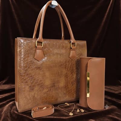 Premium Croc-Texture Handbag with Matching Clutch Set - Luxury Tan