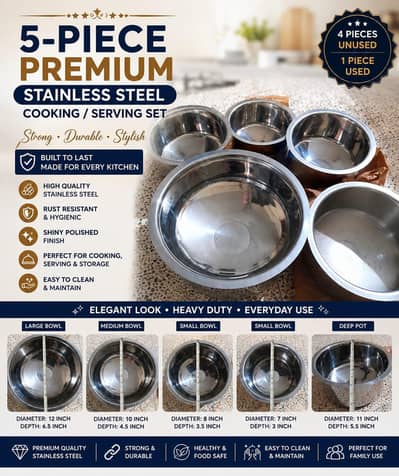 5-Piece Premium stainless Steel Cooking/Serving Set. 5 pcs unused
