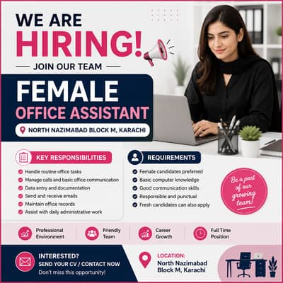 Female Office Assistant Required – North Nazimabad Block M, Karachi