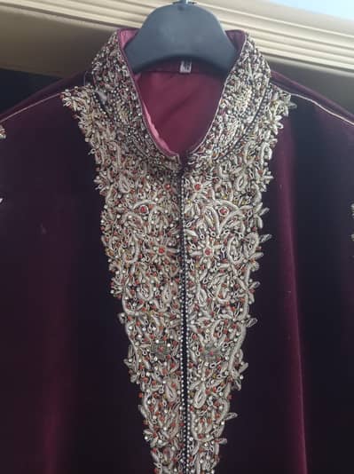 velvet Sherwani in mehroon colour with mehroon khussa. only 1 time use