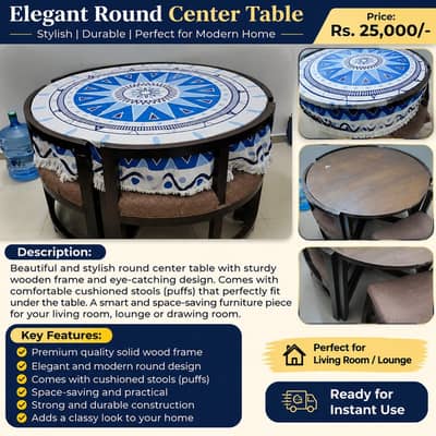 Stylish Round Center Table with Cushioned Stools | Modern Living Room