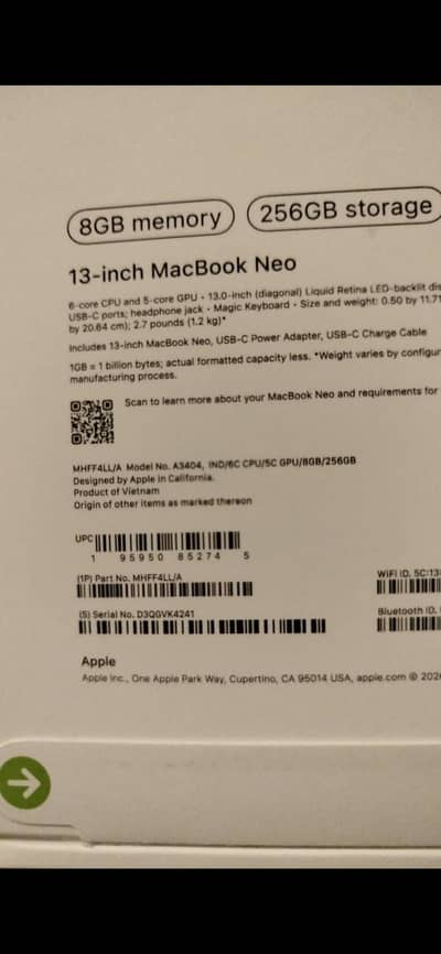 Apple MacBook Neo 13 Inch A18 Pro 8GB RAM 256GB SSD Indigo