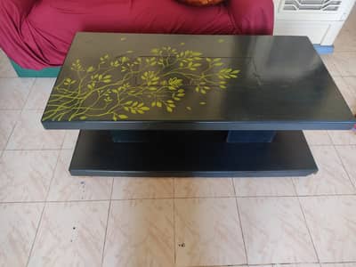 Hand-Painted Two-Tier Coffee Table – Dark Blue with Leaf Design
