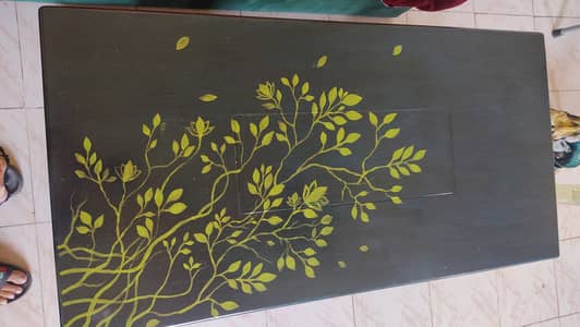 Hand-Painted Two-Tier Coffee Table – Dark Blue with Leaf Design