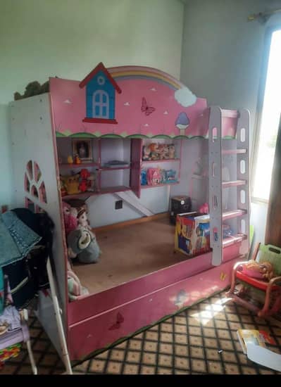 Beautiful Pink Kids Bunk Bed with Study/Storage Shelves