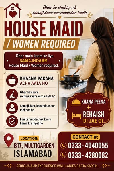 Ghar main Kaam ke liye Samajhdaar Maid/Women ki zarurat Hay