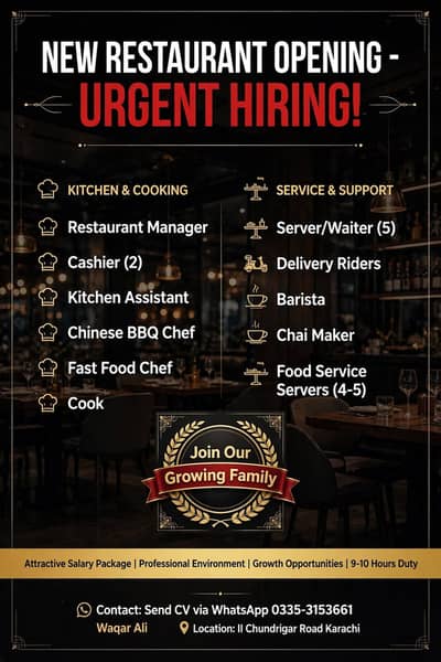 URGENT HIRING – NEW RESTAURANT OPENING