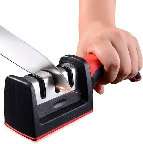 Legacy Deals Professional Kitchen Knife Sharpener 3 Stage| Adjustable Manual Sharpening Kitchen Tool| Handheld Sharpener Stone for Knives & Scissors| Non-Slip Base, Ergonomic Handle, Fast Sharpening Ceramic Slots Stone for Home & Professional Use