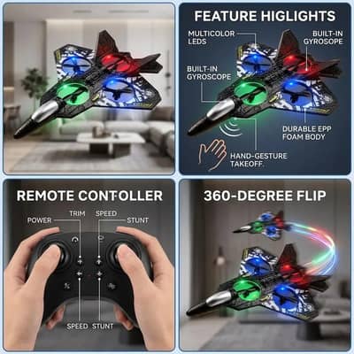 RC Fighter Jet Drone V17 – 4-Propeller Foam Airplane with LED Lights