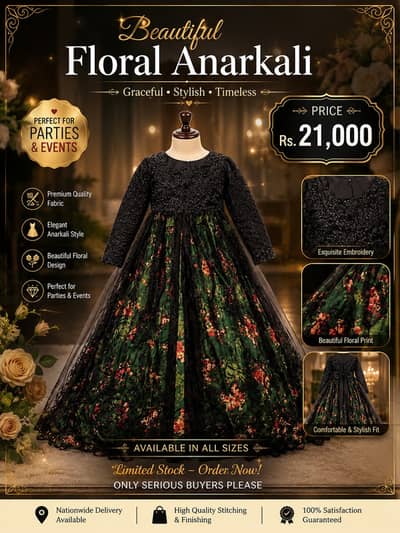 Beautiful Floral Anarkali Dress | Black & Green Party Wear | Elegant E