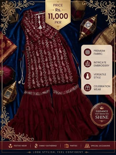 Maroon Embroidered 2PC Sharara Suit | Fancy Party Wear | Festive & Wed