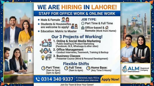 We are hiring staff for office and online work opportunity in Lahore