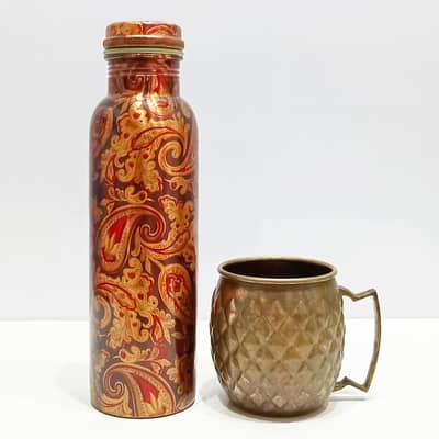 Pair of 1L Solid Copper Ayurvedic Leak-Proof Water Bottle & 550ml Mug