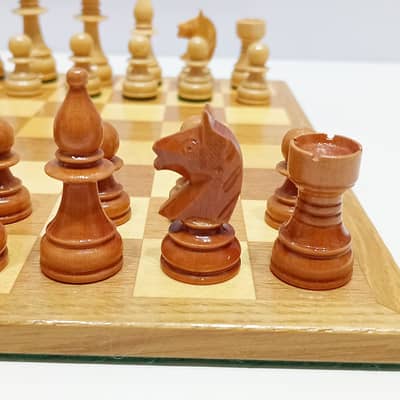 1970s Handcrafted Wooden Travel Chess Set with Folding Inlaid Board
