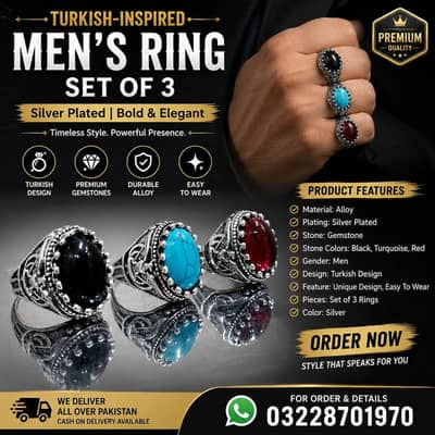Turkish-Inspired Men's Ring Set of 3 Silver Plated Black Turquoise Red