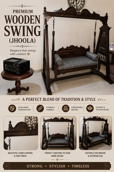 Premium Wooden Swing Jhoola | Solid Wood Garden & Home Swing