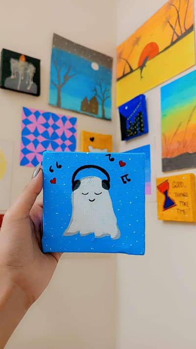 Handmade Cute Ghost Art – Mini Acrylic Canvas Painting