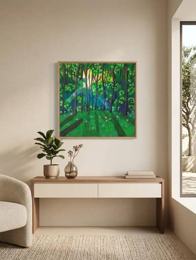 Handmade Forest Landscape Canvas Painting 18×18 | Wall Decor