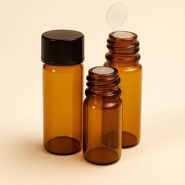 Amber Glass Essential Oil Sample Bottles (5ml) with Black Screw Caps - Travel-Sized Mini Vials for, Perfume, DIY Oils - Light-Protecting, Leak-Proof, Hand Wash Only, Storage, Compact Design, Leakproof Design, Travelsized Containers, Perfume