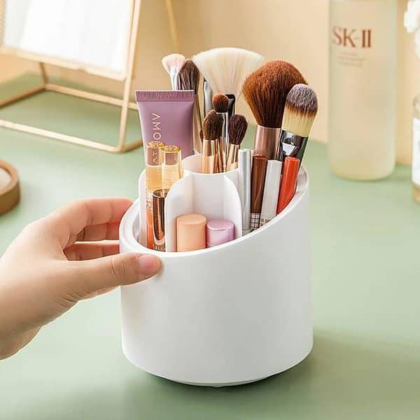 SAJEES Makeup Brush Holder - 360 Rotating Organizer with Dustproof Lid for Vanity (White)