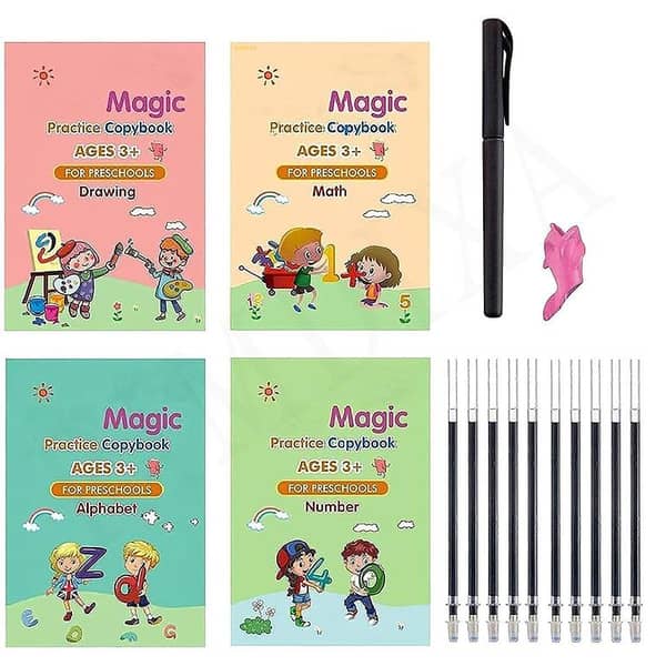 SAJEES Magic Practice Copybook Set: 4 Books, Magic Pen & 10 Ink Refills for Children's Handwriting Development