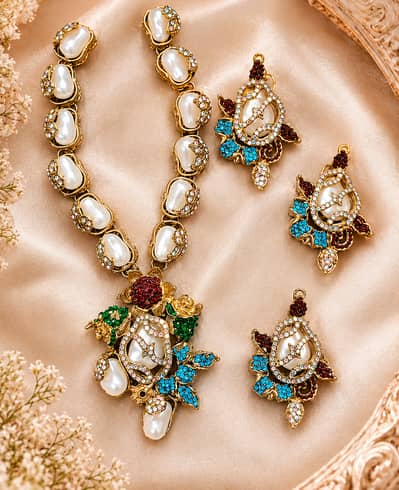 Luxury Pearl & Multicolor Stone Necklace Set for Women – Gold Finish
