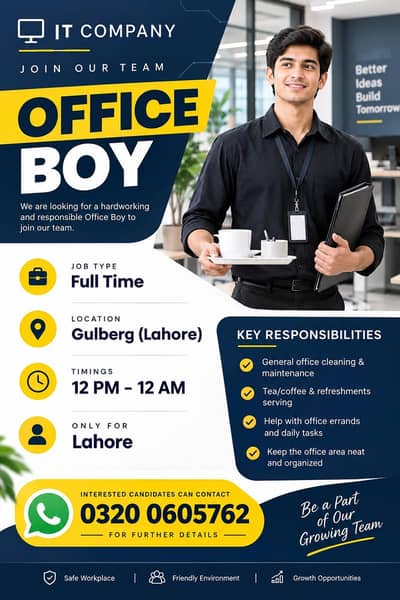 Office Boy Job in Lahore Gulberg 3, IT Company
