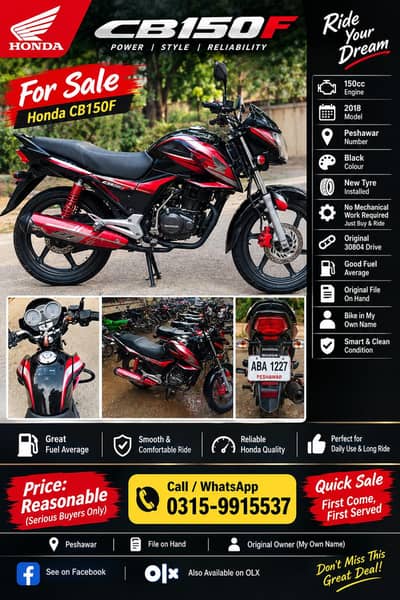Honda CB150F 2018 Peshawar Number ABA-1227 – New Tyre