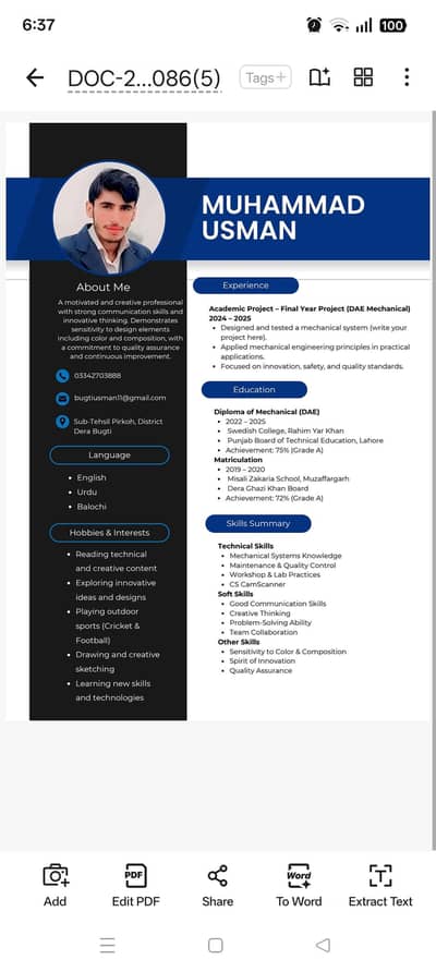 DAE Mechanical Technician | Fresher | Looking for Job
