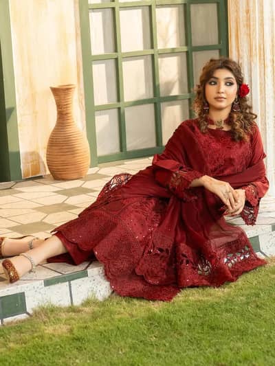 Maroon Embroidered Pakistani 3-Piece Suit with Lace Dupatta