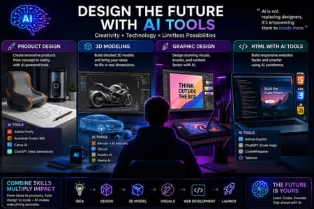 Product design, 3D modeling, Graphic Design and html with AI tools
