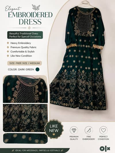 Elegant Dark Green Embroidered Dress 
