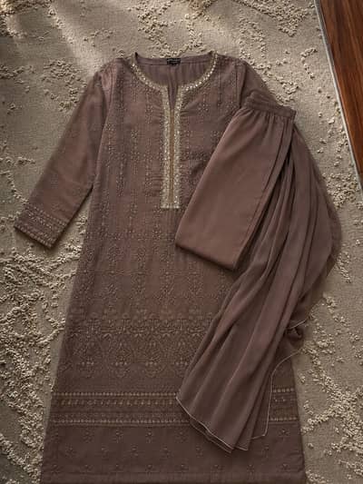  Elegant Embroidered 3-Piece Suit | Brown/Chocolate | Ready to Wear