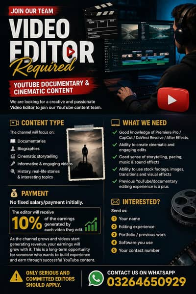  Video Editor Required | YouTube Documentary & Cinematic Videos