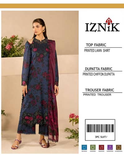 Ladies 3-Piece Printed Lawn Suit with Chiffon Dupatta - Navy Floral