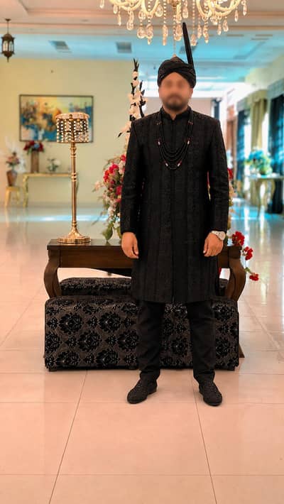 Premium Custom Made Black Sherwani Complete Set | Kullah, Mala & Shoes